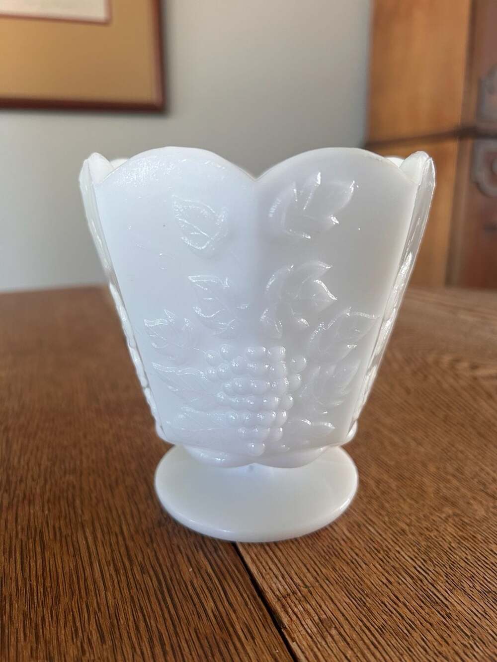 E.O. Brody White Milk Glass Grapevine Pedestal Vase